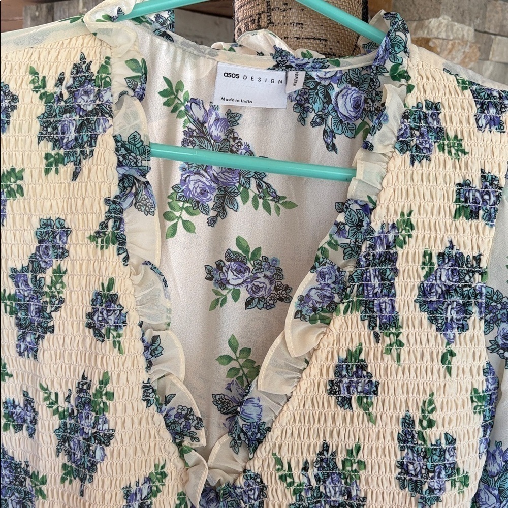 NWT ASOS midi smock dress w shirred cuffs creamy white floral print-multi - Picture 4 of 16